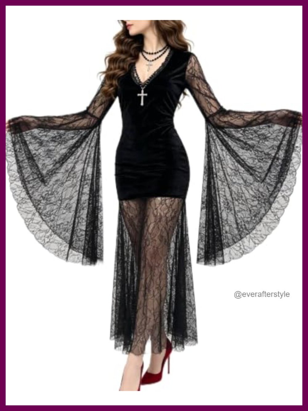 Velvet Lace Maxi Dress V-Neck Bell Sleeve Gothic Halloween Witch